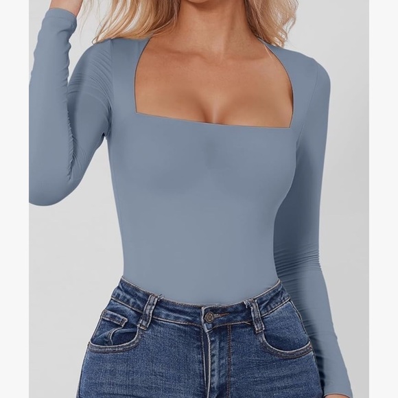 NWT QINSEN Square Neck Long Sleeve Double Lined Bodysuit - Picture 3 of 10